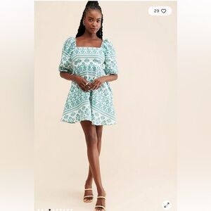 Kivari Dress Iman Mini Dress Green White Square Neckline Tie Size 10